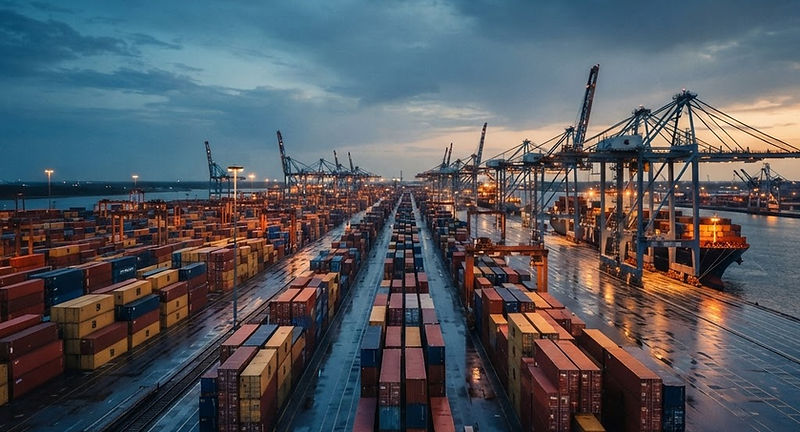 Container terminal at dusk with stacked containers and gantry cranes