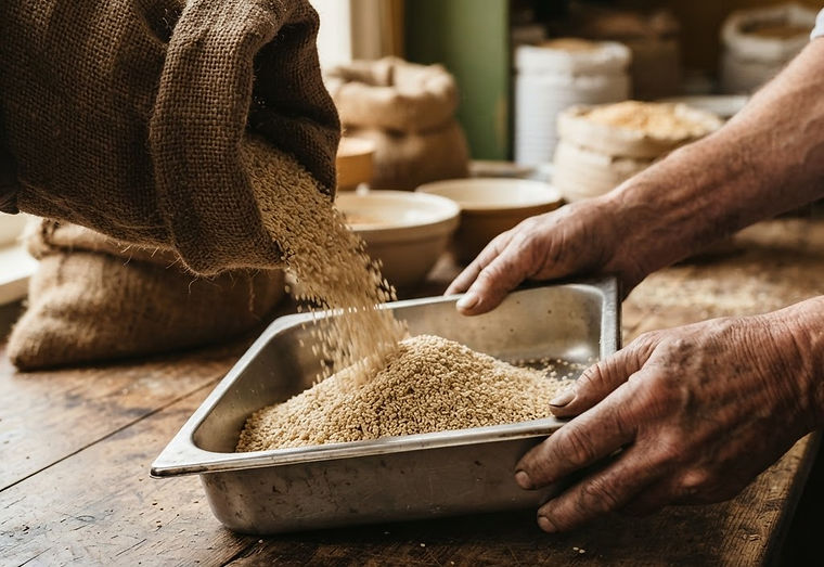 Sesame seeds poured into a sampling tray during a quality check