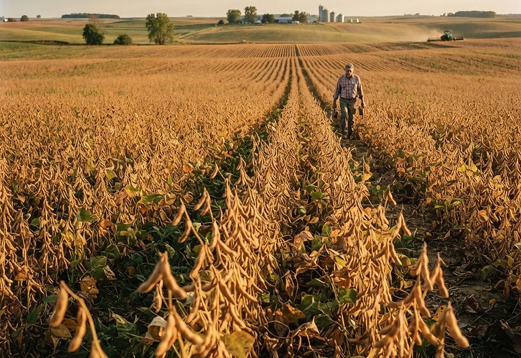 A farmer walking along a soya bean field at harvest time