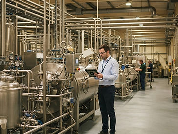 Engineer inspecting stainless steel processing machinery on a factory floor