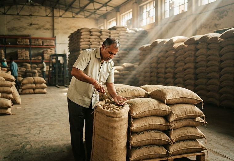 Quality inspector opening jute sacks of agricultural commodities in an export warehouse