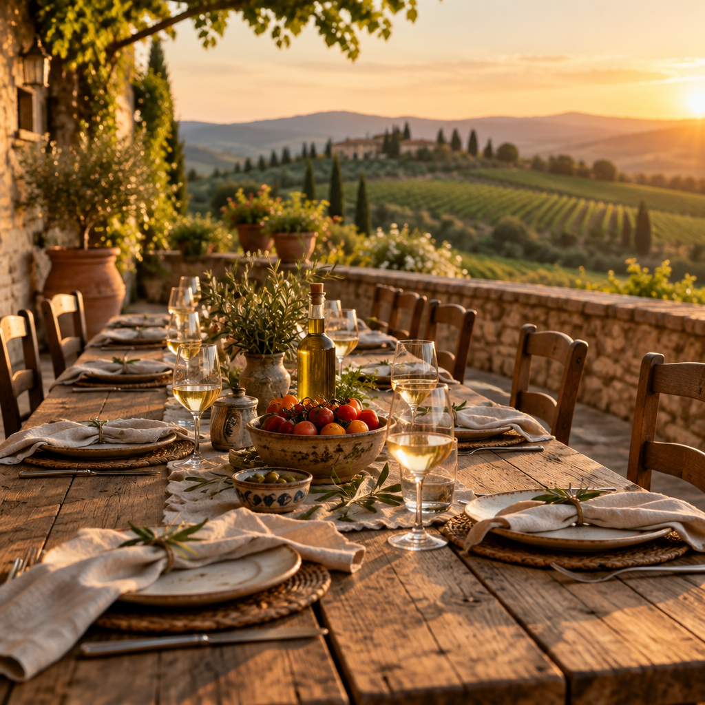 An empty wooden table set for lunch in the Tuscan hills