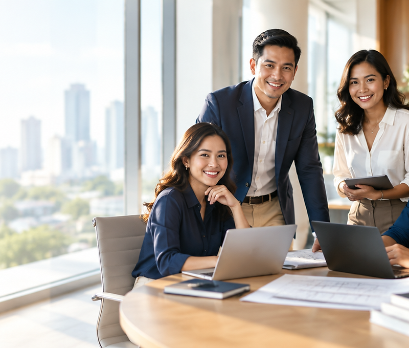 Filipino professionals collaborating in a bright modern office