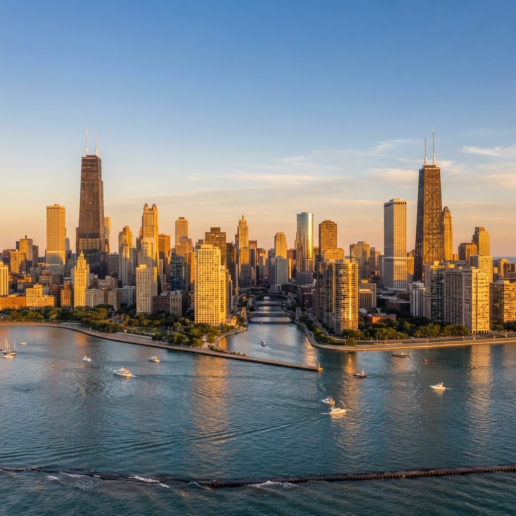 A collage of Chicago neighborhoods and Cook County suburbs — downtown Chicago skyline, Lincoln Park, Wicker Park, Oak Park architecture, and the Lake Michigan lakefront