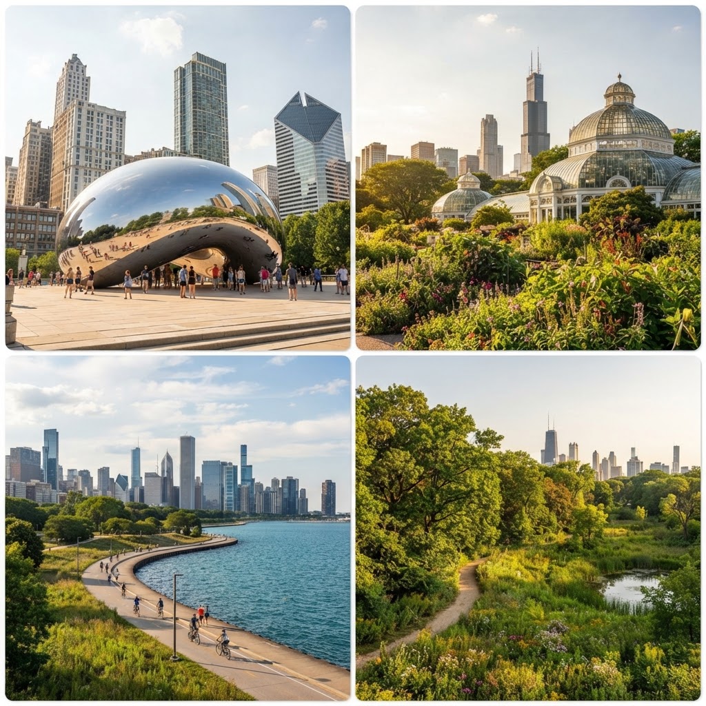 Parks and outdoor spaces in Chicago — Millennium Park and Cloud Gate, Lincoln Park, the Lakefront Trail, and the Cook County Forest Preserves