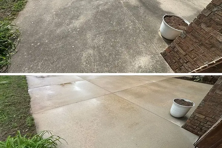 Concrete driveway cleaned by Cascade Washing Specialist — before and after