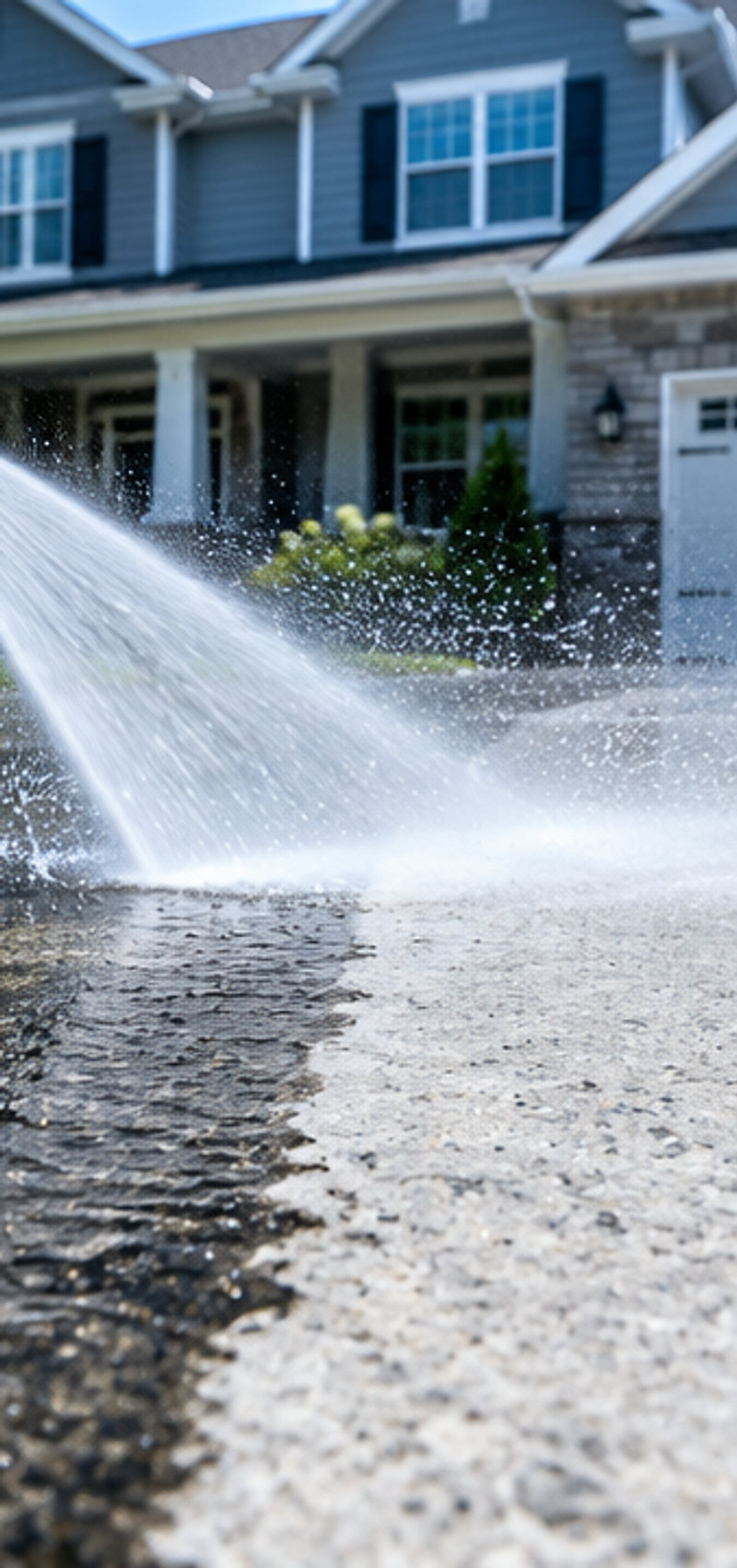 High pressure water cleaning a concrete driveway in front of a home