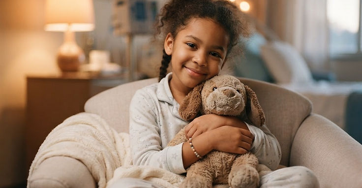 A child holding a stuffed dog toy during an inpatient birthday celebration