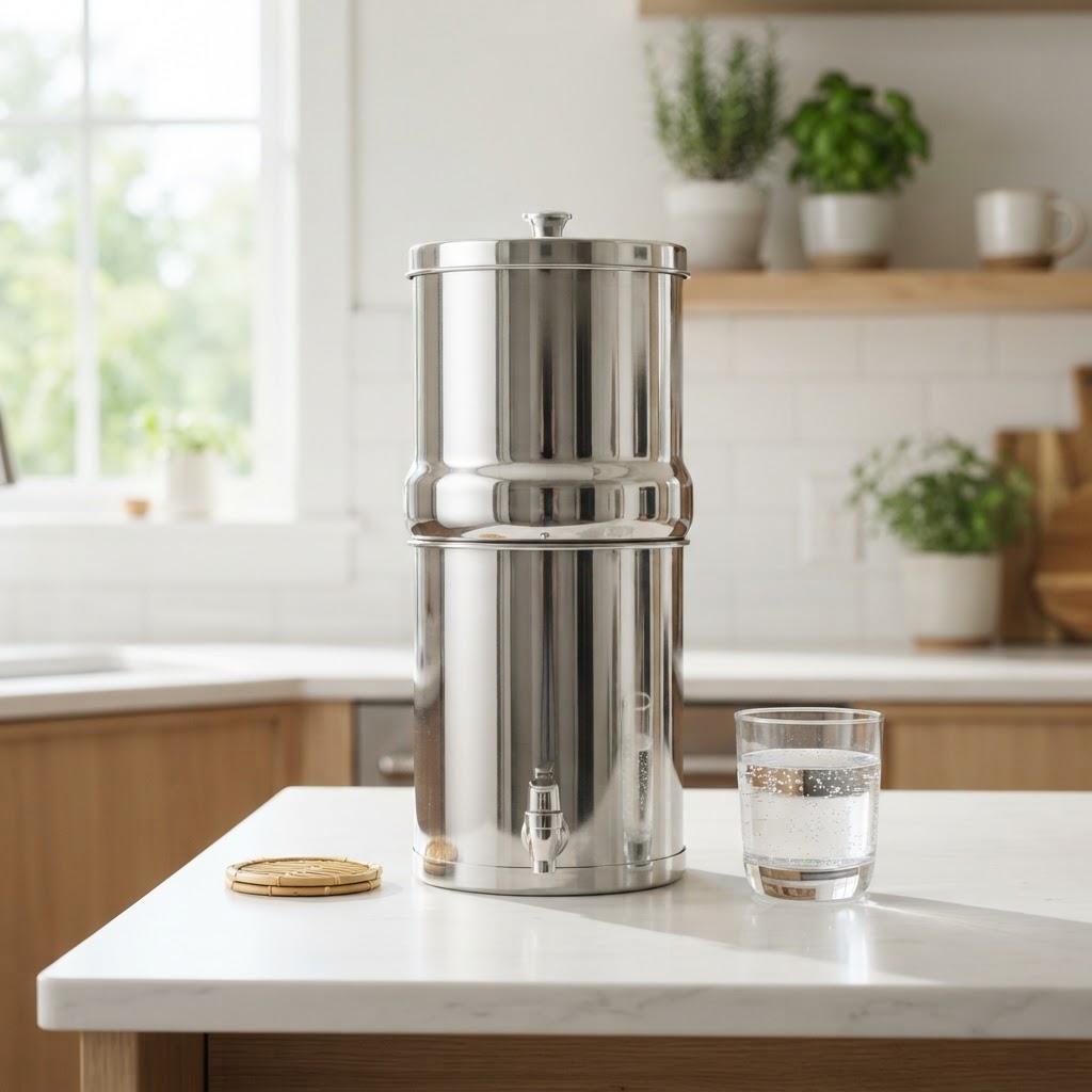 Stainless steel gravity water filter on a bright kitchen counter with a glass of clear water