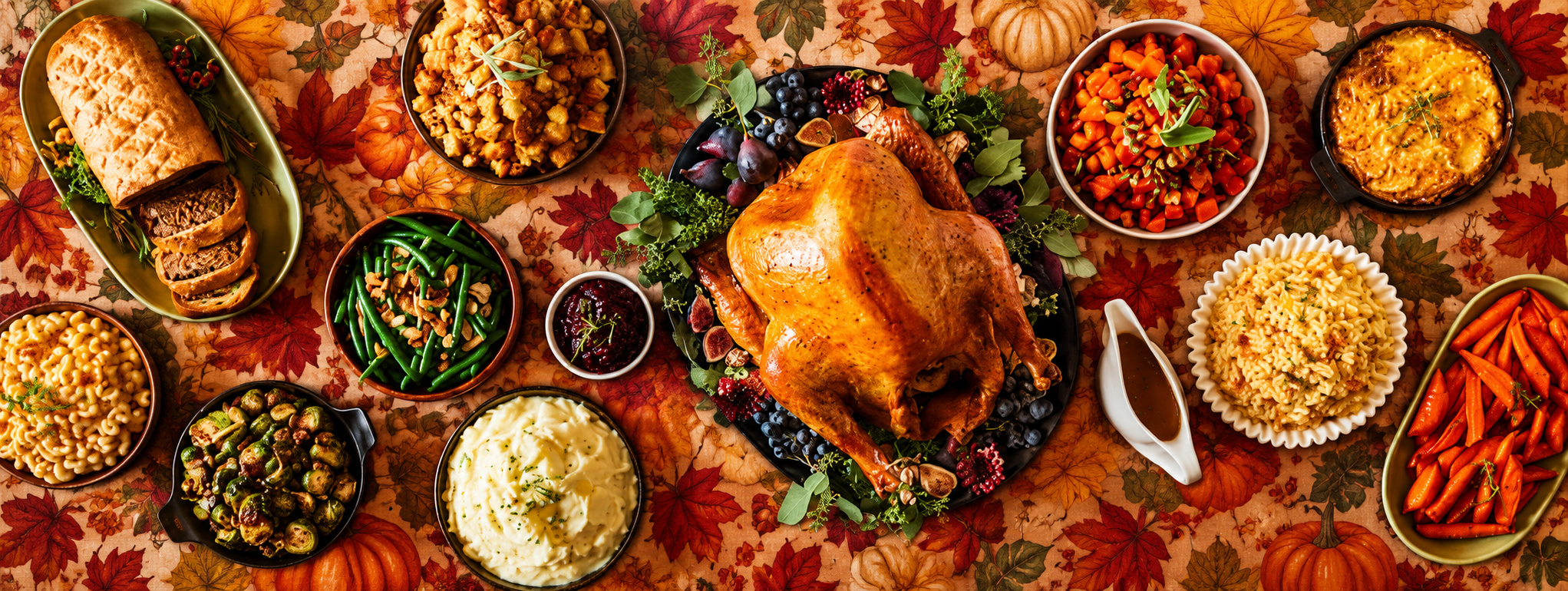 Thanksgiving dinner spread with a whole roasted turkey and holiday sides from Chef Gregory’s Gourmet Catering