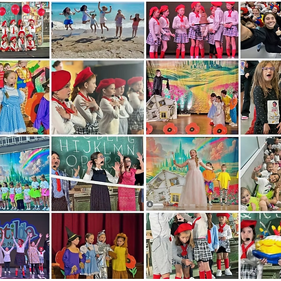 A collage of young CTC performers in costume on stage