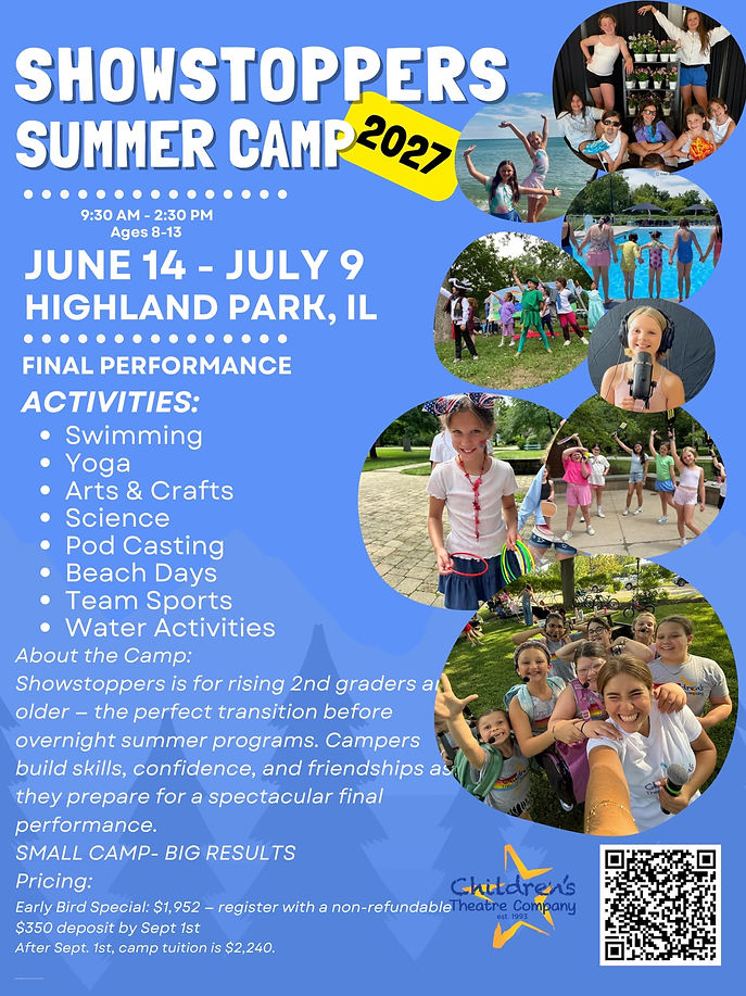 Showstoppers Summer Camp 2027 brochure with schedule, activities, dates, and pricing