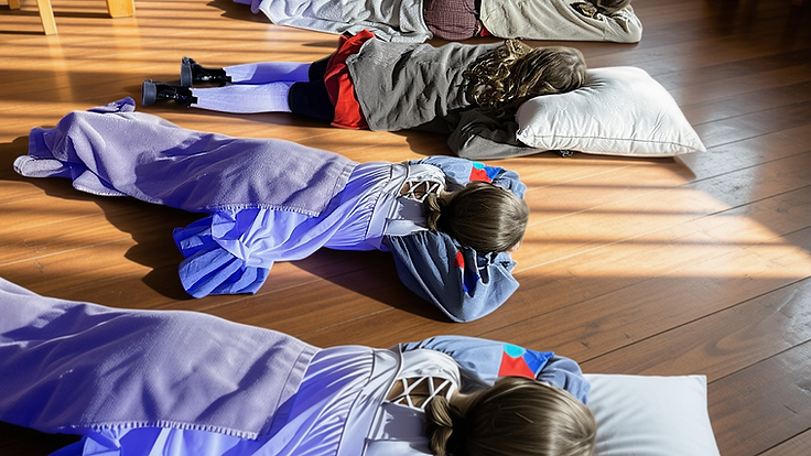 Annie Jr. orphans resting on the orphanage floor in period costumes