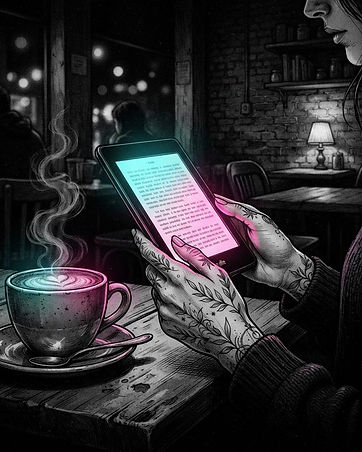 Illustration of a hand holding a Kindle in a dim coffee shop with a subtle splash of color