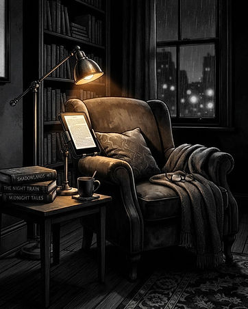 Black-and-white illustration of a cozy nighttime reading nook with an armchair, e-reader, and a warm amber lamp glow