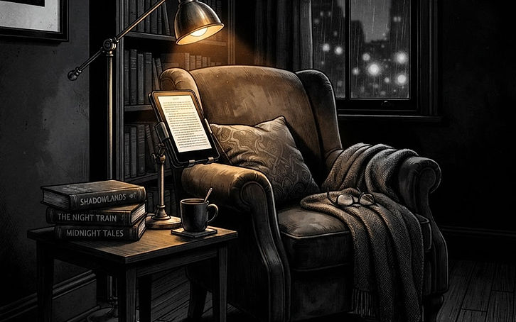 Black-and-white illustration of a cozy nighttime reading nook with an armchair, e-reader, and a warm amber lamp glow