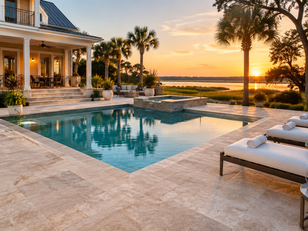 After: travertine pool deck with lounge chairs overlooking the marsh at sunset