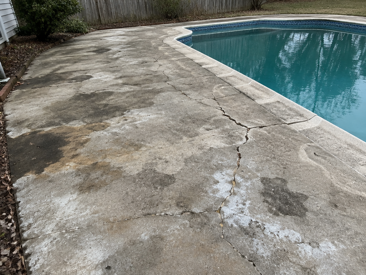 Before: cracked, stained concrete pool deck