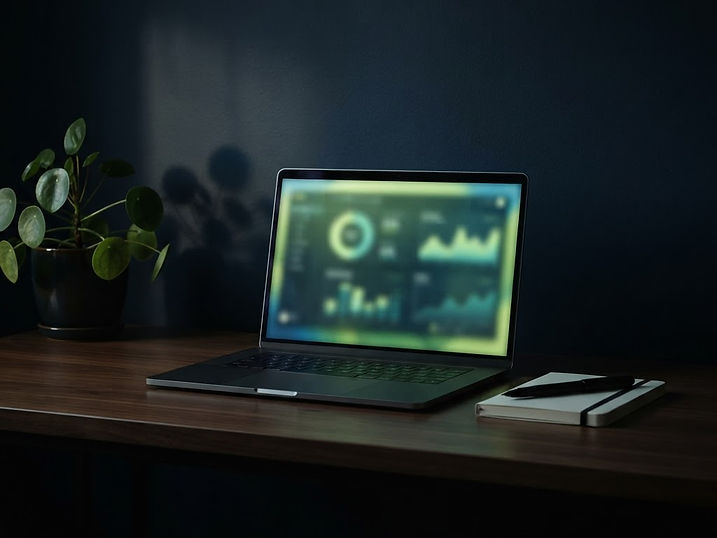 A desk at night with a laptop showing the Loopwise dashboard