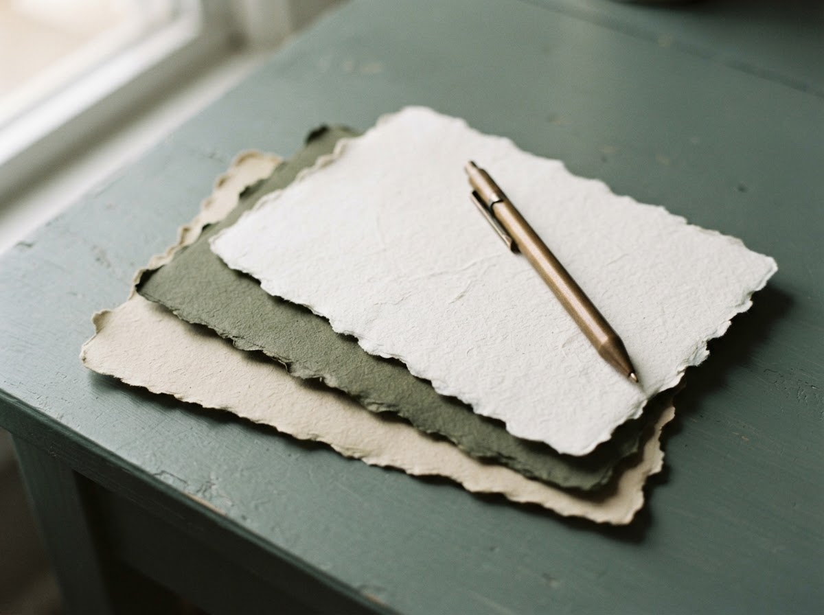 Stacked papers and a bronze pen on a desk
