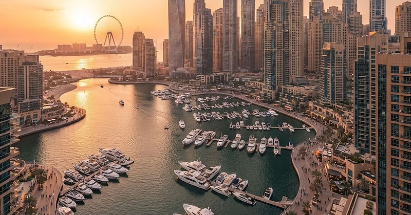 Nieruchomości Dubai Marina — panorama nadwodnej dzielnicy przy zachodzie słońca