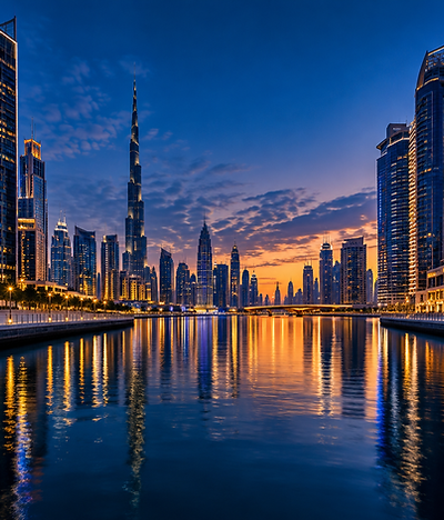 Panorama Dubaju o zmierzchu — wieżowce nad Kanałem Dubajskim