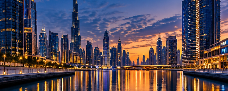 Kanał Dubajski o zmierzchu — katalog inwestycji w Dubaju