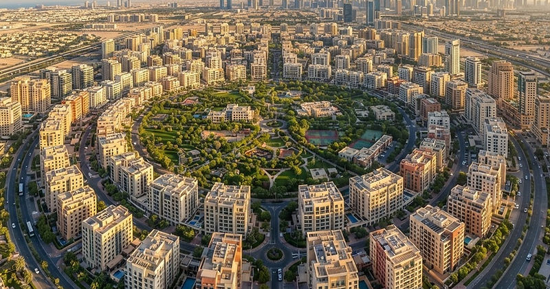 Nieruchomości JVC — Jumeirah Village Circle z lotu ptaka w świetle dziennym