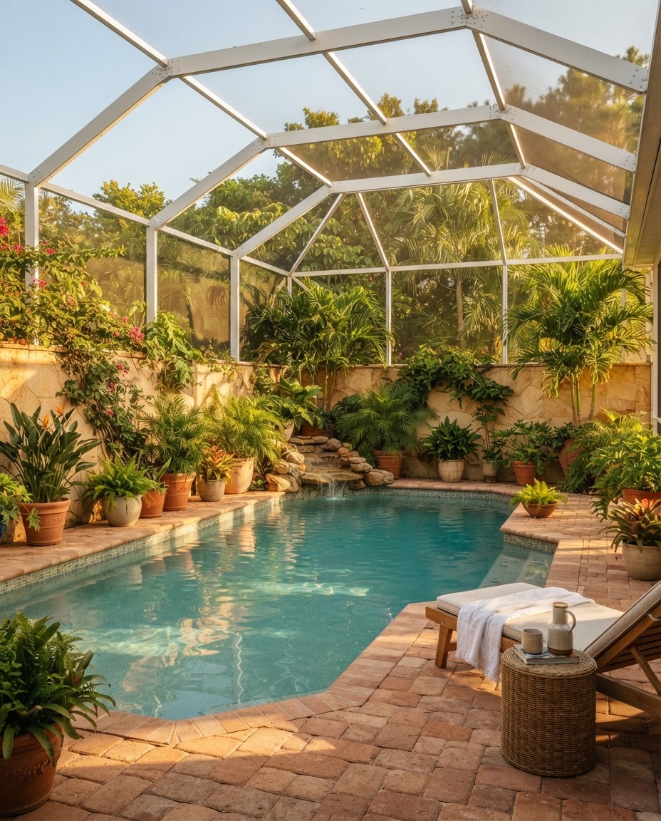 Sunlit courtyard pool inside a screen enclosure