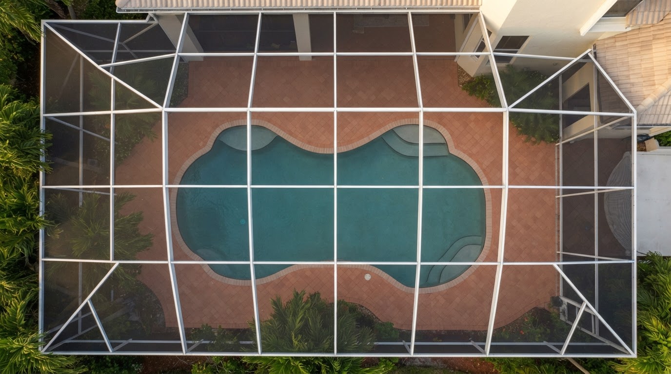Overhead view of a rescreened patio enclosure roof
