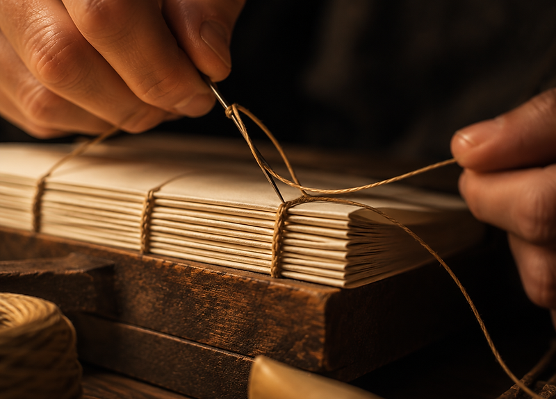 Bookbinding craft — needle and thread binding cream paper signatures