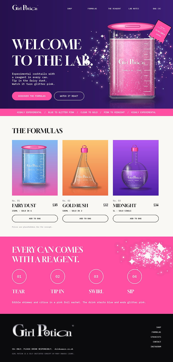 The Girl Potion homepage in full: the welcome to the lab hero, the reagent ribbon, the formula shop cards and the tear, tip in, swirl, sip steps