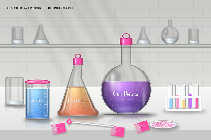 The Girl Potion range on a lab bench: Formula 01 beaker can, Formula 02 conical flask and Formula 03 round flask with the three reagent sachets, a mixing wand and a dish of fairy dust