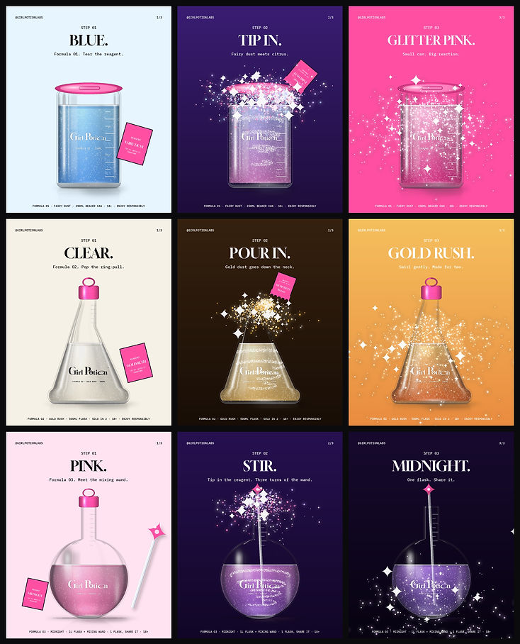 All nine Girl Potion social carousel panels: blue to glitter pink, clear to gold, and pink to midnight, one three-step carousel per size
