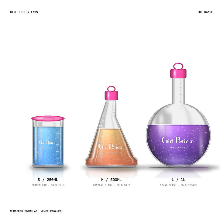 The Girl Potion range: 250ml beaker can, 500ml conical flask and 1L round flask with pink lids in Fairy Blue, Gold Rush and Midnight