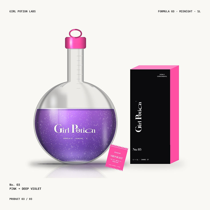 Formula 03 Midnight 1L round flask with its pink cap and the glass mixing wand, in pink and midnight purple