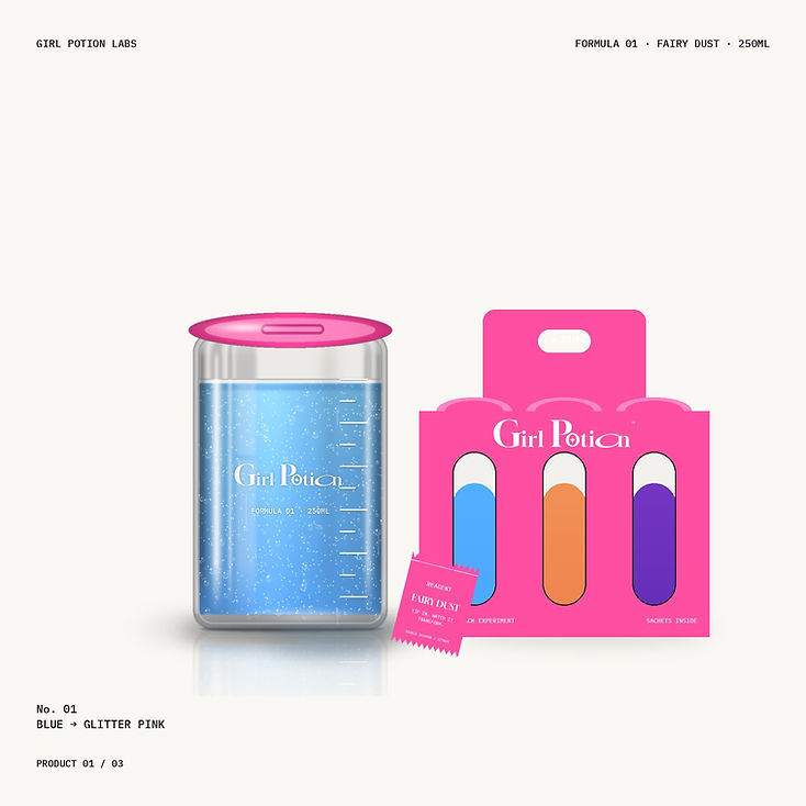 Girl Potion Formula 01 beaker can turning from blue to glitter pink as the pink reagent sachet is tipped in