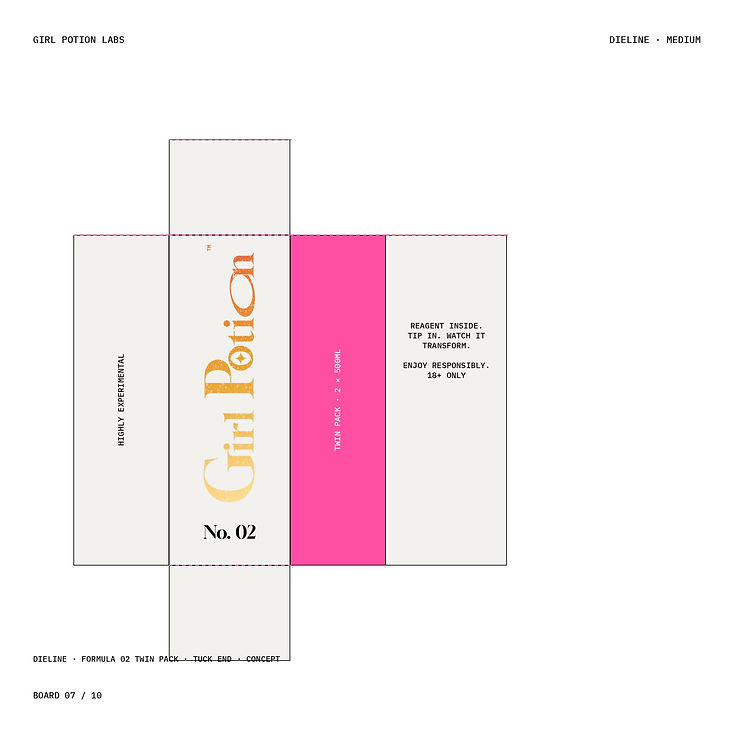 Dieline for the Girl Potion Formula 02 twin pack of two 500ml conical flasks, with the pink ring-pull cap panel