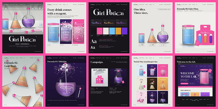 The Girl Potion case study deck: ten boards covering the reagent process, identity, the range, three formulas, campaign, social and the website
