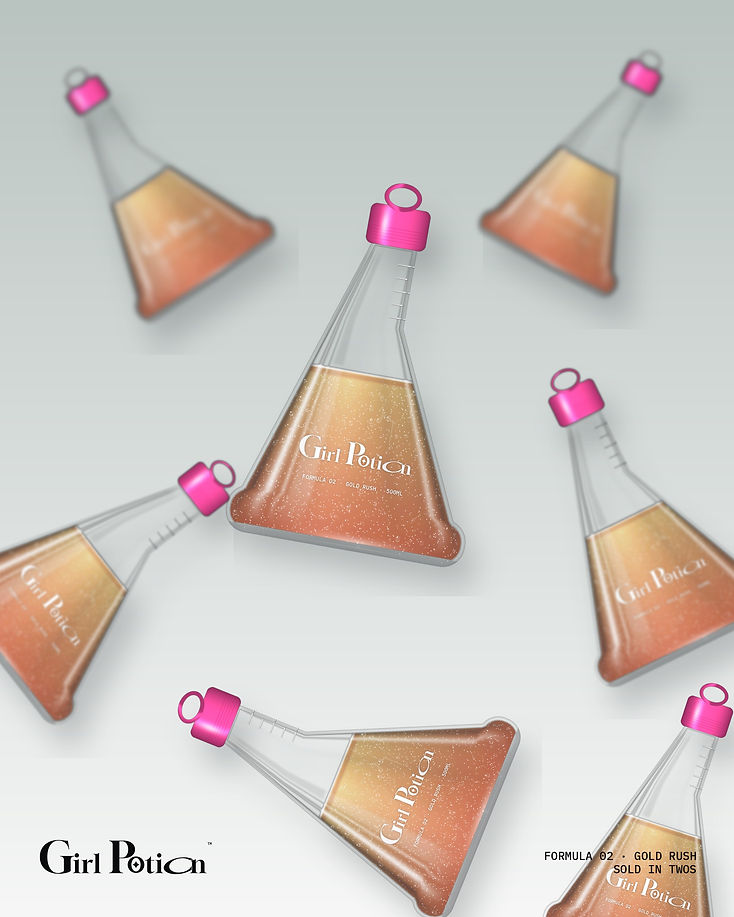 Formula 02 Gold Rush conical flask with its pink ring-pull cap, shown as a floating collage with the Gold Rush label system