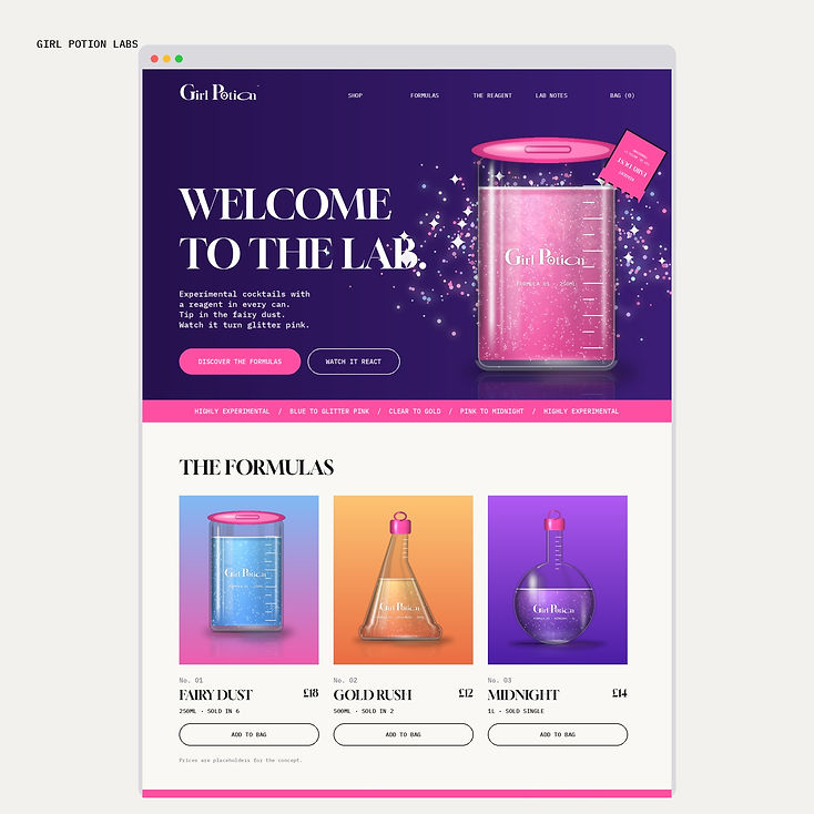The Girl Potion website board: the lab hero, the pink reagent marquee, the three formula cards with prices and the reagent process