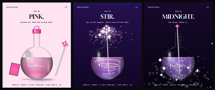 The Formula 03 Midnight carousel at full size: the pink flask, the stir with the mixing wand, and the finished midnight glitter
