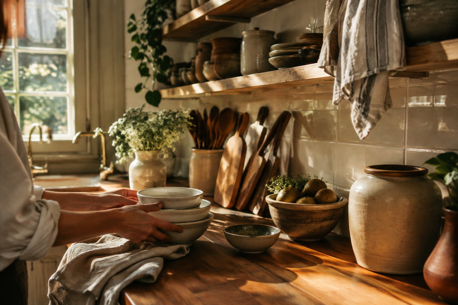 A warm home kitchen with open shelves