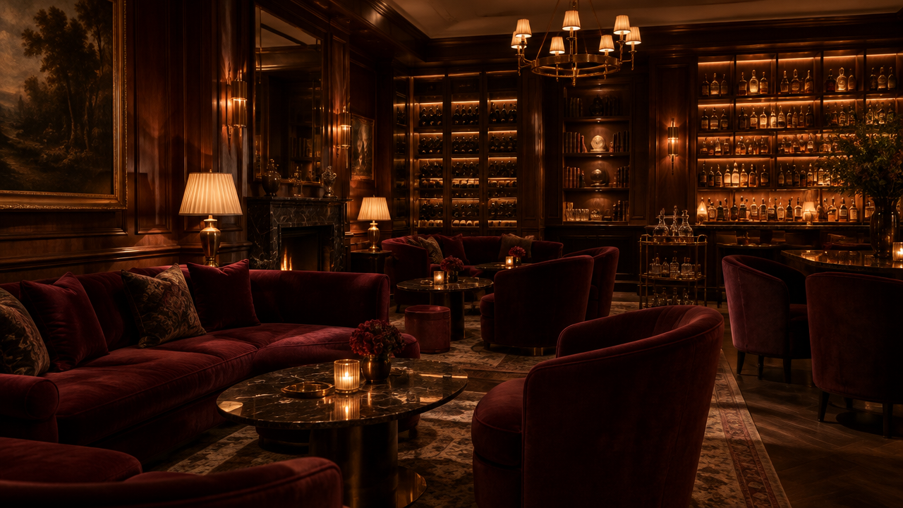 Illustrative depiction of a dark private lounge