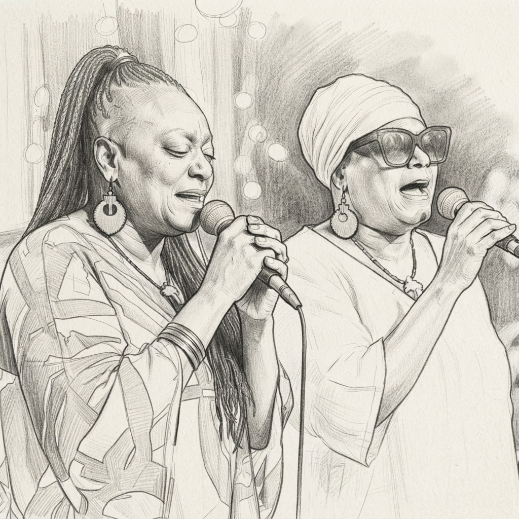 Elizabeth & Patricia singing under warm stage lights