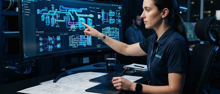 Building automation engineer reviewing control system graphics