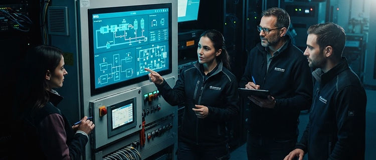 Building automation engineers collaborating around a control panel