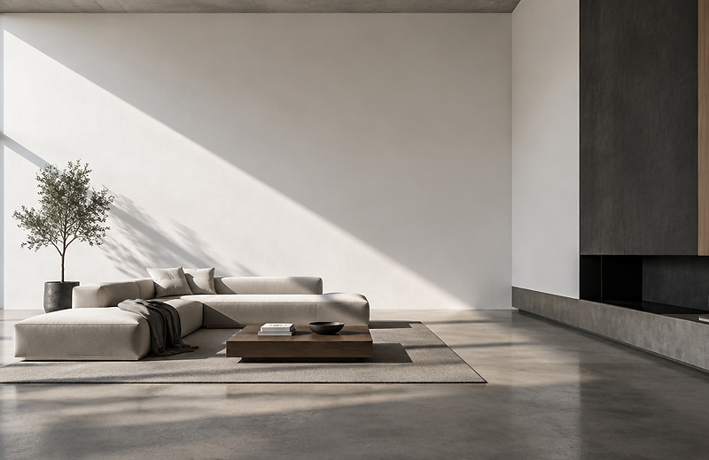 Sunlit minimalist interior with a flawlessly painted corner