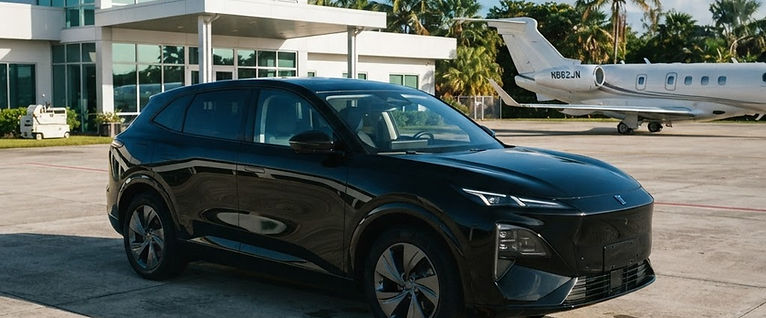 Chauffeur-driven 2025 Changan Deepal S07 executive SUV at Jet Nassau FBO, Nassau