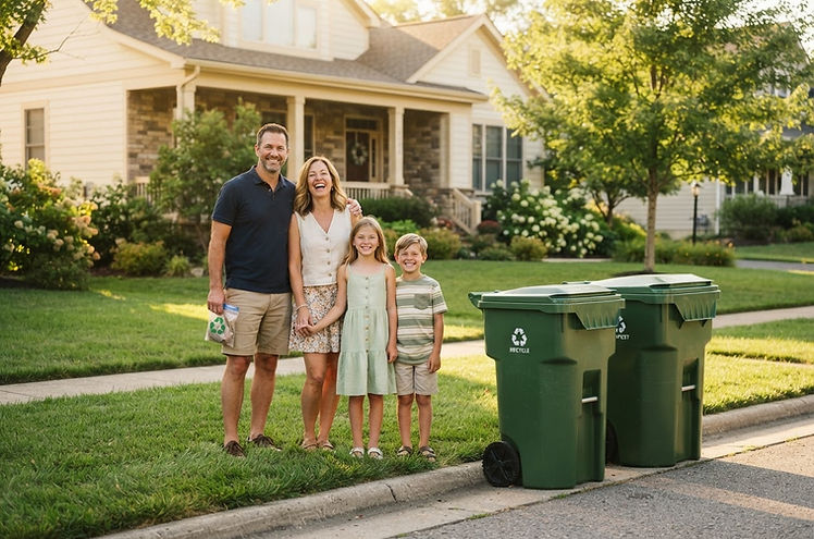 Satisfied family beside clean bins